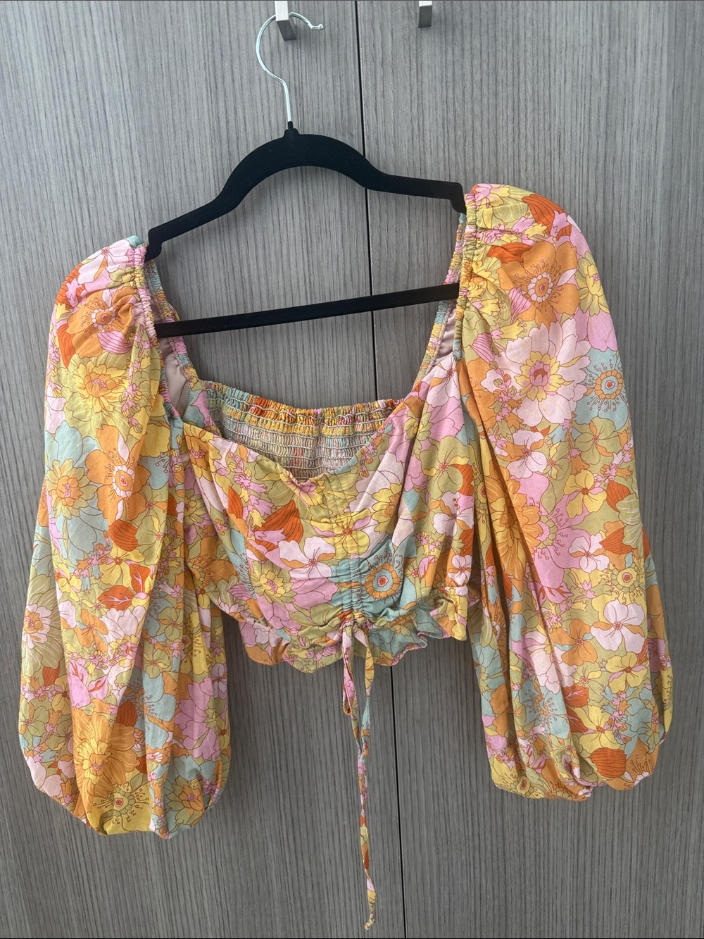 Show Me Your MuMu Floral Puff Sleeve Crop Top - Yellow Pink Mint